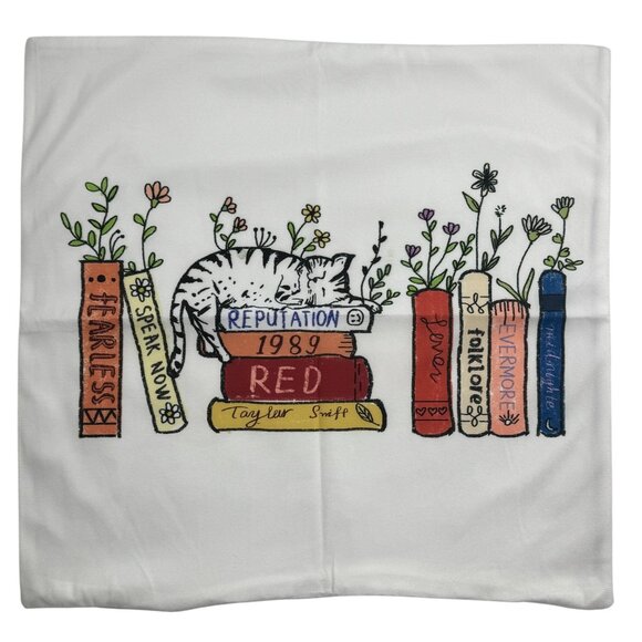 Cat Napping On Books - Throw Pillow Cover 18"x18" White w/ Floral Design - Picture 1 of 4